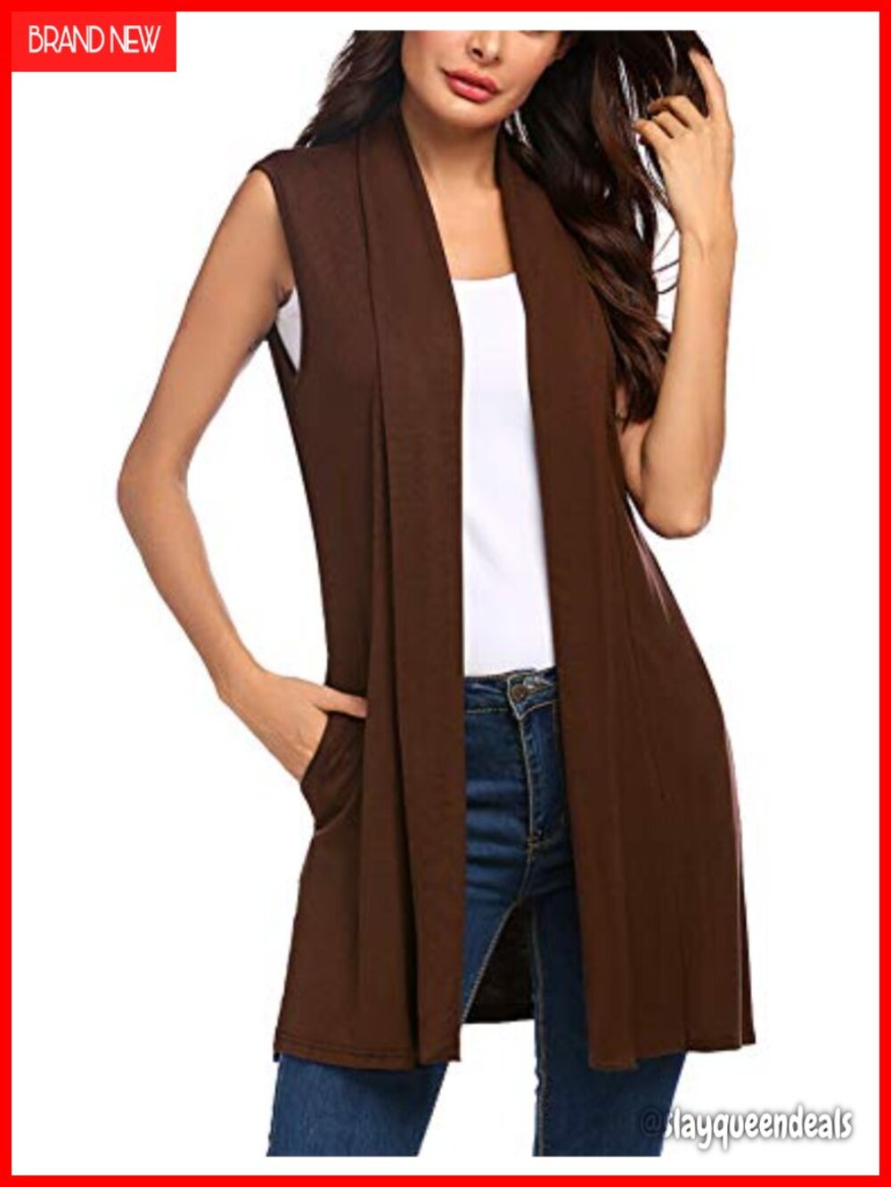 Womens Long Sleeveless Open Front Cardigan Vest with Side Pockets